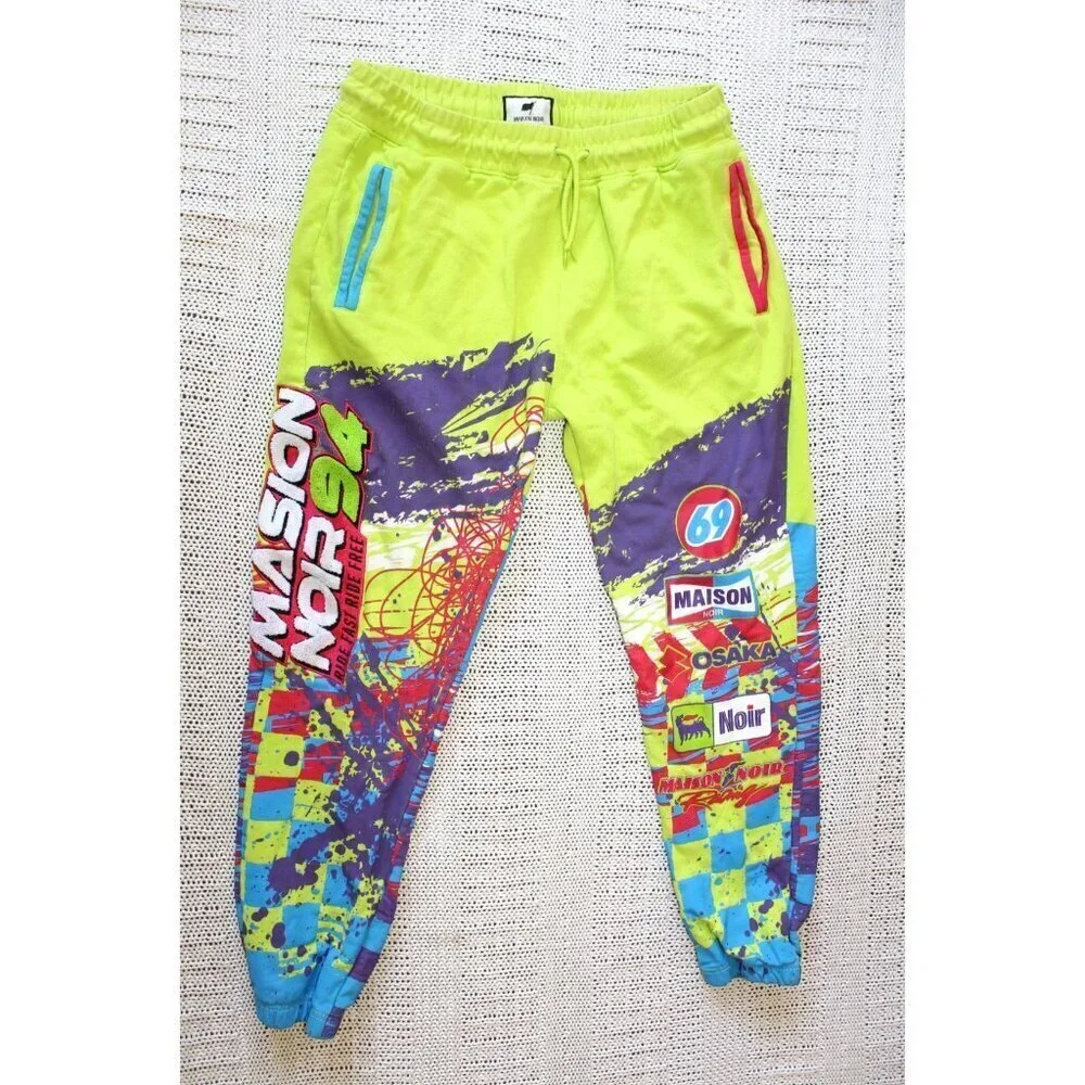 Maison Noir Moto club Men's Pants XL Fleece Joggers all over print Neon Yellow